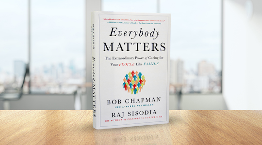 Image: Everybody Matters (book) standing upright on a wooden table